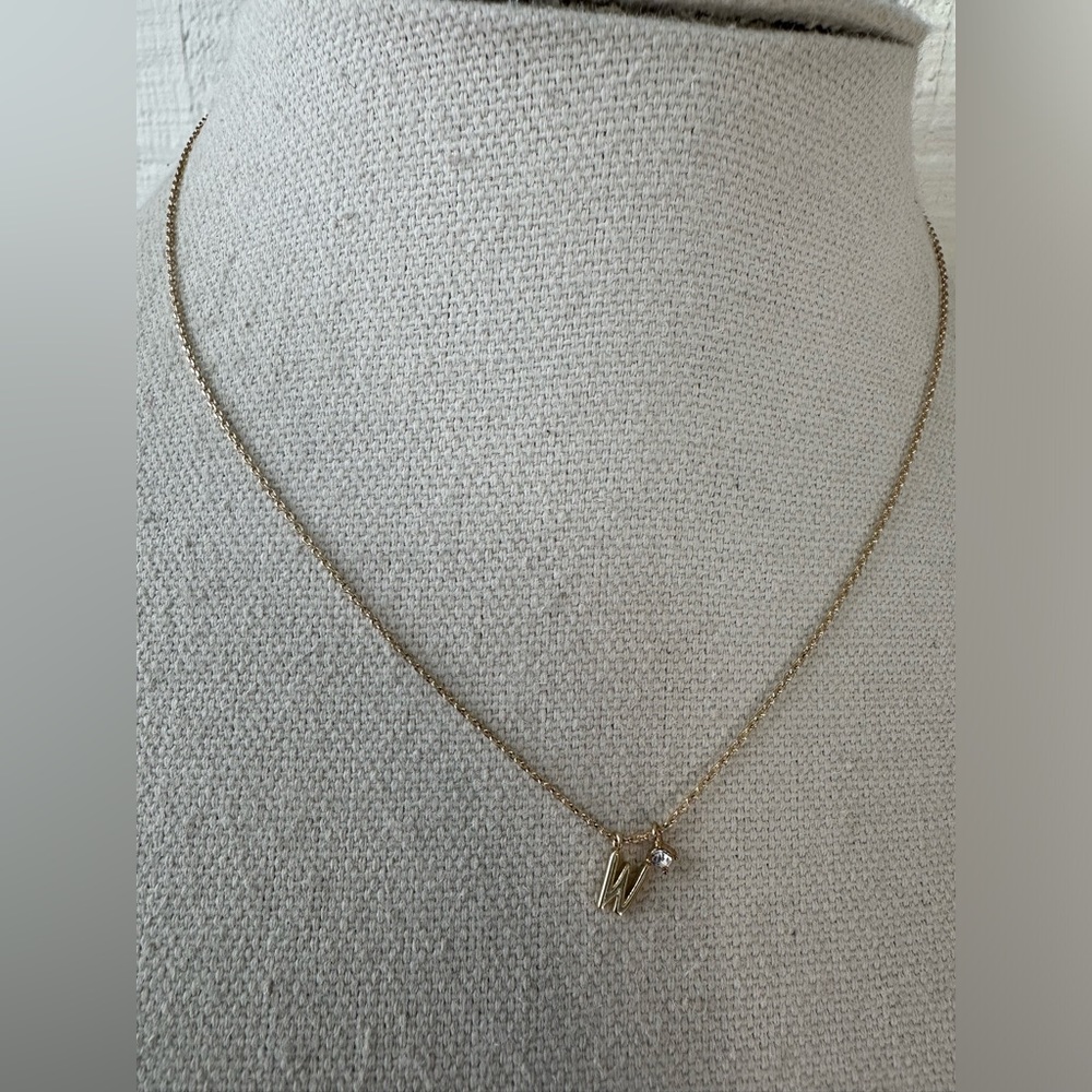 Tiny goldtone Initial W with small rhinestone and earrings